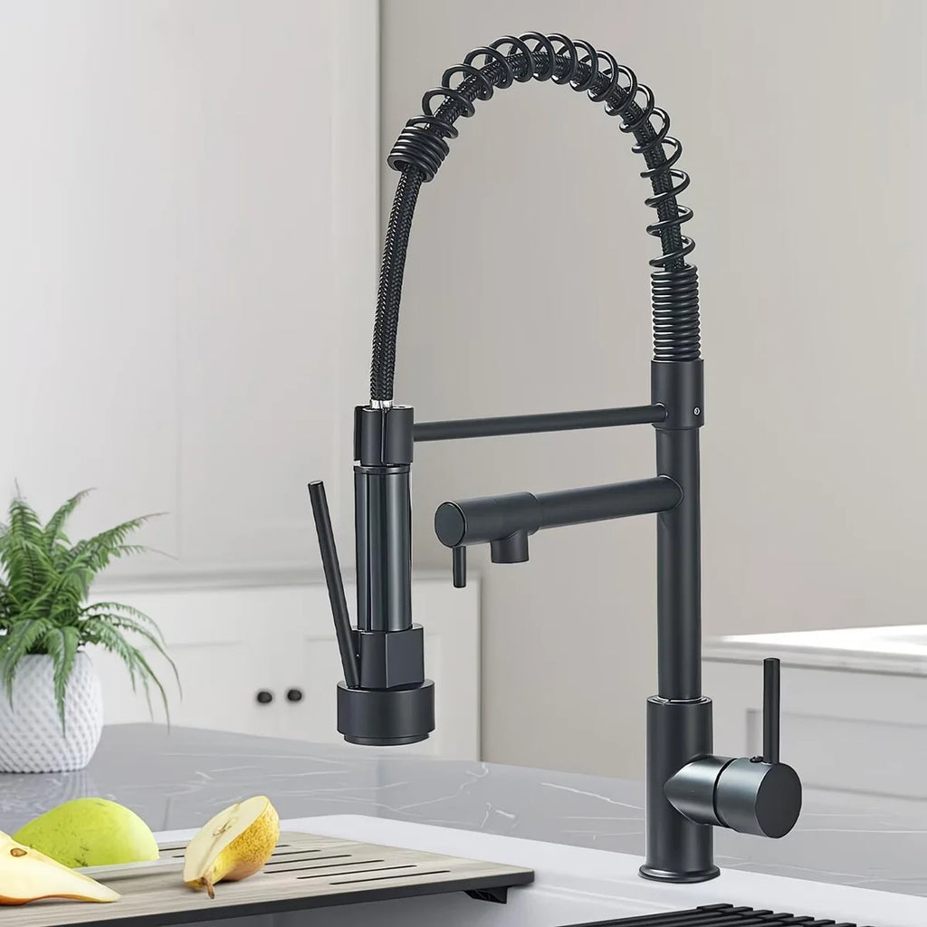 Black Kitchen Faucet with Pull Down Sprayer Double Spout Kitchen Sink Faucet,Single Handle Stainless Steel Spring Kitchen Faucets 8-PHXTH2-666