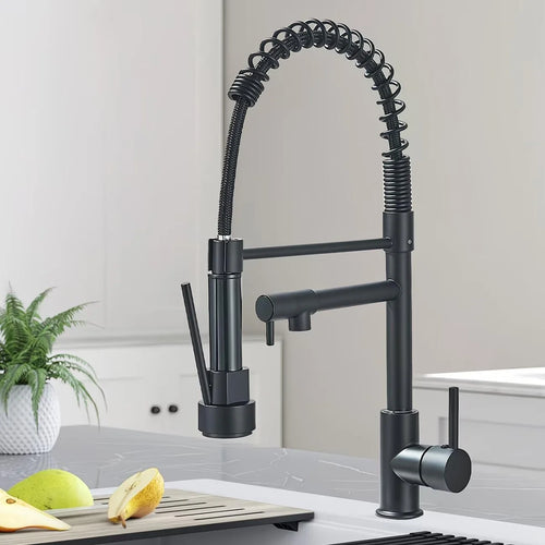 Black Kitchen Faucet with Pull Down Sprayer Double Spout Kitchen Sink Faucet,Single Handle Stainless Steel Spring Kitchen Faucets 8-PHXTH2-666