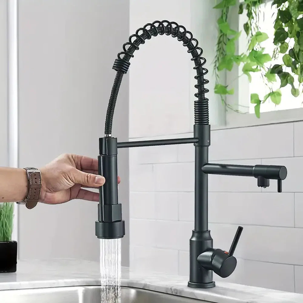 Black Kitchen Faucet with Pull Down Sprayer Double Spout Kitchen Sink Faucet,Single Handle Stainless Steel Spring Kitchen Faucets 8-PHXTH2-666