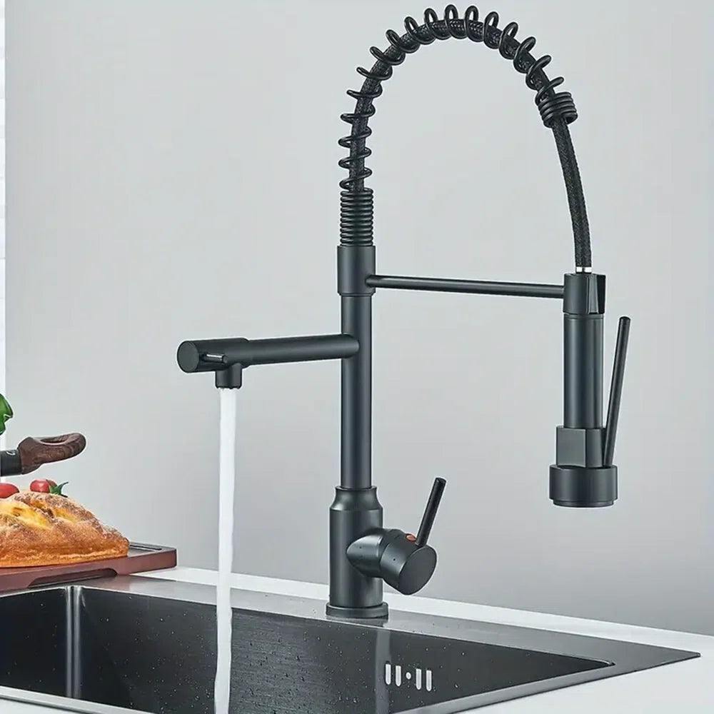 Black Kitchen Faucet with Pull Down Sprayer Double Spout Kitchen Sink Faucet,Single Handle Stainless Steel Spring Kitchen Faucets 8-PHXTH2-666