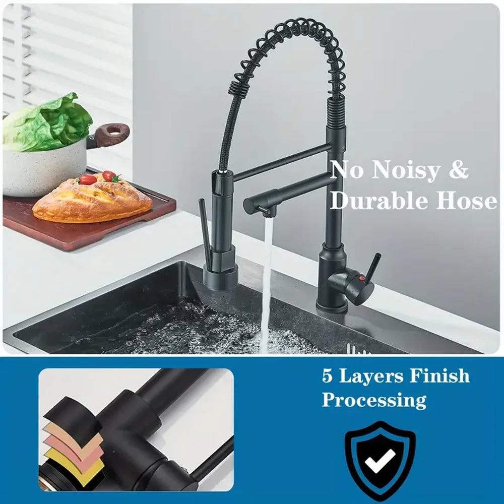 Black Kitchen Faucet with Pull Down Sprayer Double Spout Kitchen Sink Faucet,Single Handle Stainless Steel Spring Kitchen Faucets 8-PHXTH2-666