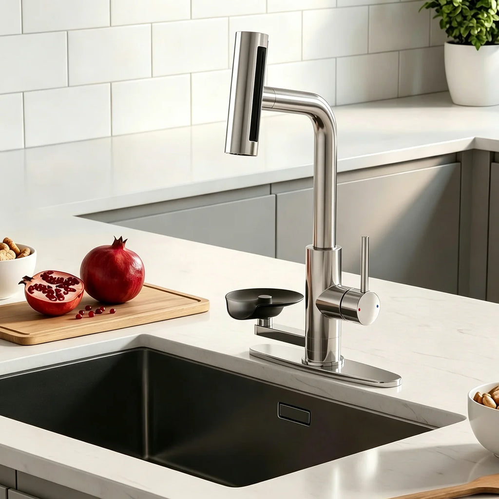 Brushed Nickel Pull Down Kitchen Faucet With Integrated Glass Rinser And Waterfall Mode LK2631BN