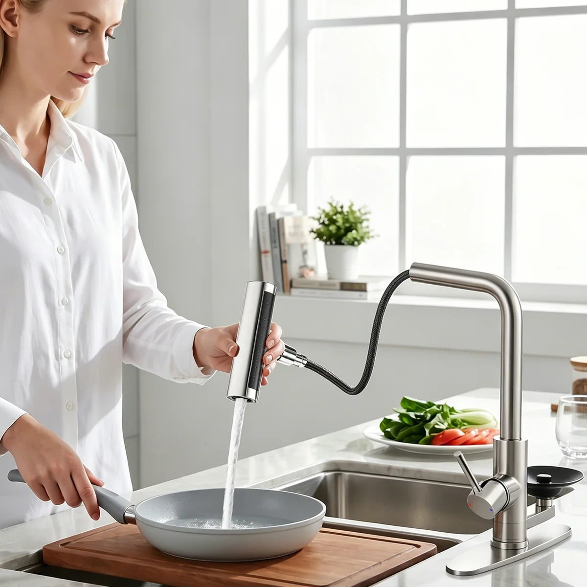 Brushed Nickel Pull Down Kitchen Faucet With Integrated Glass Rinser And Waterfall Mode LK2631BN