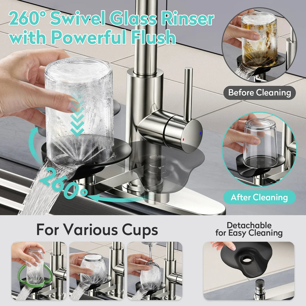 Brushed Nickel Pull Down Kitchen Faucet With Integrated Glass Rinser And Waterfall Mode LK2631BN