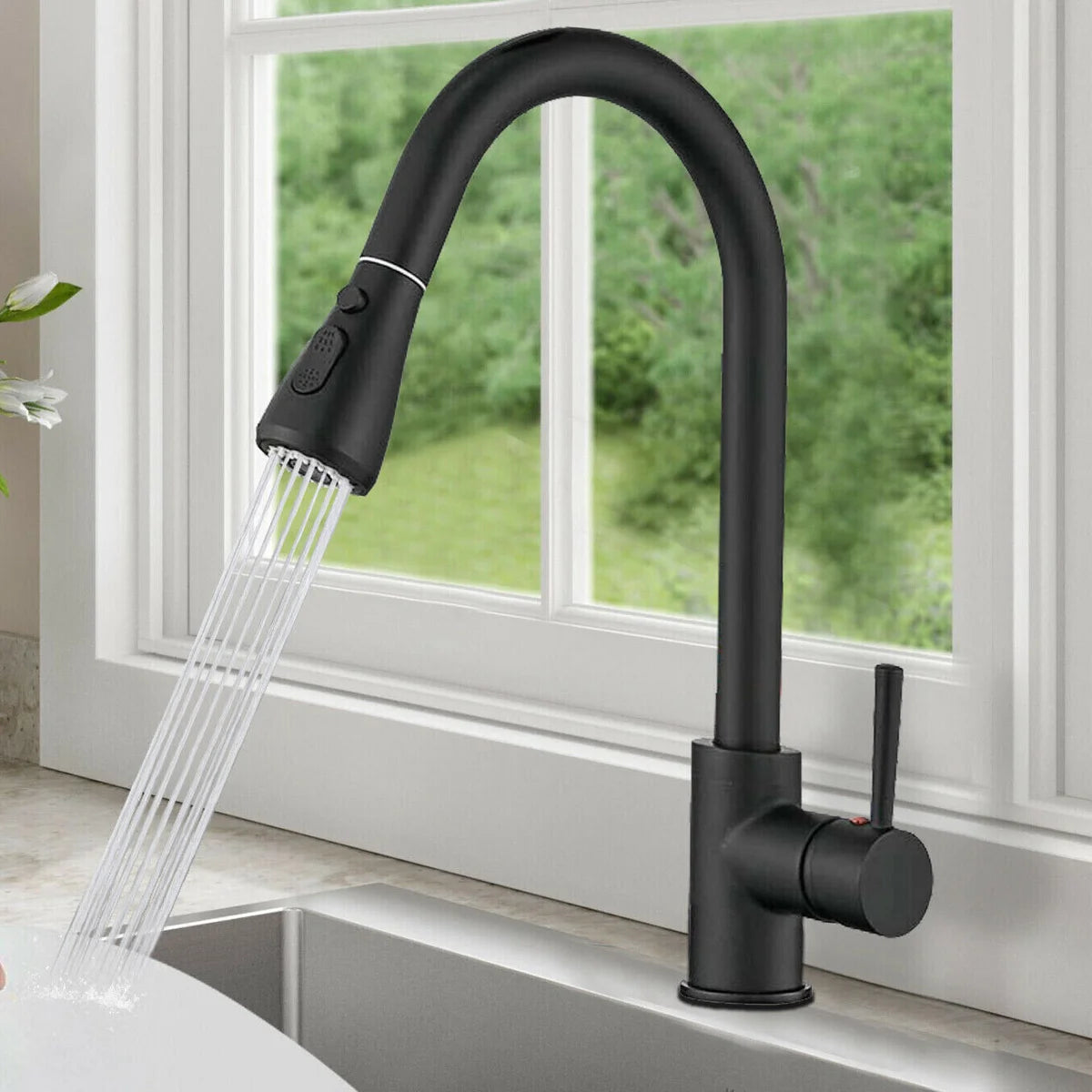 Kitchen Faucets with Pull Down Sprayer, Leak-Proof Stainless Steel Lead-Free Single Handle 1 Hole for Family Kitchen Commercial Camper Laundry Rv Bar Black Bar Sink Faucet 8-PH2203Z-666